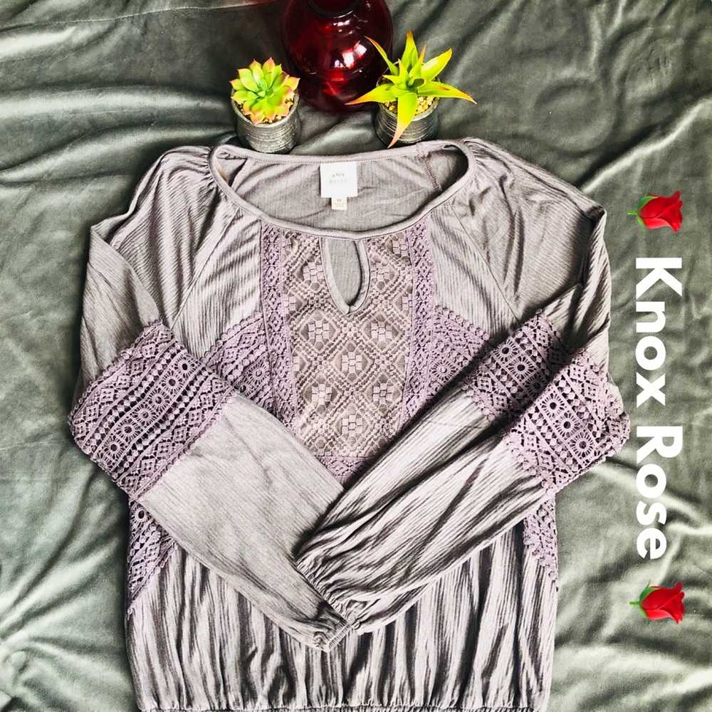 KNOX ROSE 🌹- M LT BROWN LACE NECK LINE BLOUSE